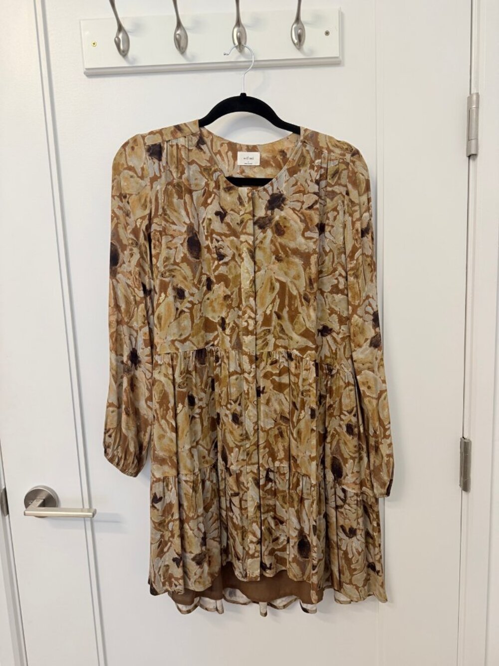 Aritzia Brown Floral Tiered Midi Dress Long Sleeve Size S